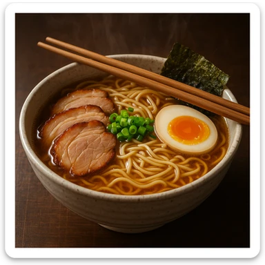 classic bowl of ramen, steaming, with chopsticks sticker