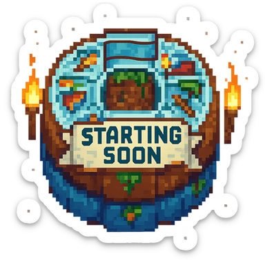Add animated elements like flickering torches, falling particles, or a waving banner, in pixel art Minecraft Twitch starting soon style. Preserve transparent background in pixel art style. sticker