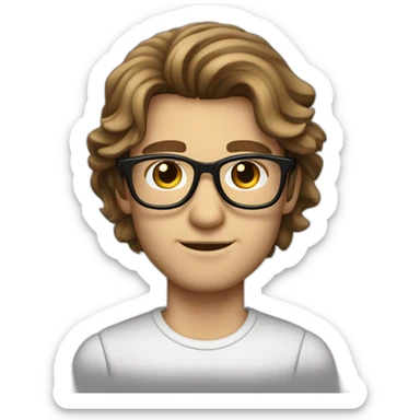 male caucausian designer with long brown hair and black rimmed glasses sticker