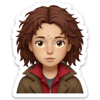 Hobo tomboy with light skin, freckles, dark brown shoulder-length hair in a messy style, brown eyes, dark brown coat, dull red shirt. sticker