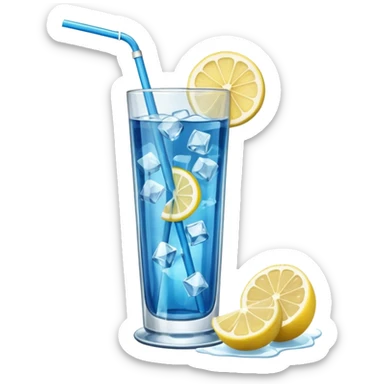 A tall glass of blue lagoon with lemon slices, ice cubes, and a curved straw.
 sticker