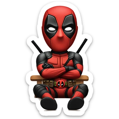 Cute Deadpool sitting at a desk, front view sticker