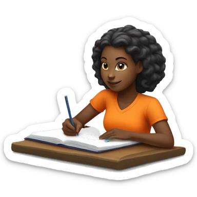 black girl in an orange shirt writing with a pencil in a journal and is turned to the left sticker