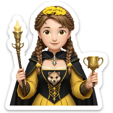 Helga Hufflepuff,the Hogwarts founder of Hufflepuff,brown-haired,2braids,yellow-black medieval dress with black cloak decorated with gold braiding,flickering magic wand and tiny two-handled shiny gold cup engraved with the badger silhouette,very kind smile,curvy busty sweet sticker