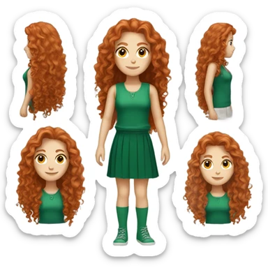 White Girl with long curly red hair wearing green white skin  sticker