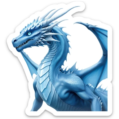 Cinematic Noble wise elegant Ice Dragon Portrait Emoji, Poised and imposing, distinct long elegant snout, with a slender, scaled body shimmering in glacial hues of icy blue, frostbitten silver, and crystalline white, breathing out frost, with piercing, glowing ice blue white eyes that radiate the chilling depths of an arctic storm; rendered in detail. Breathing out a frost mist sticker