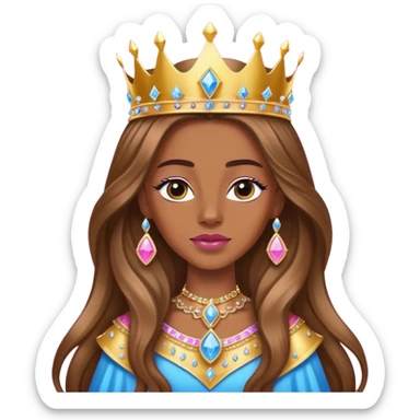 Queen, brown long hair, golden crown encrusted with pink and blue diamonds sticker