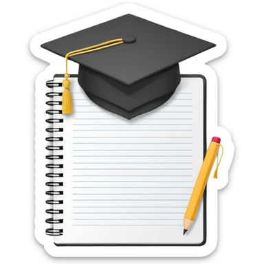 Front-facing school notebook with a small graduation cap on top, minimal line-art, clean modern style, straight angle, simple outlines, slightly 3D, no background, transparent, represents “school / sixth form / Year 13 sticker