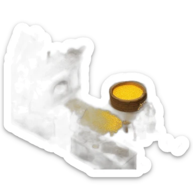 open floor plan of a medieval mint showing different people working, one person on the furnace, some people molding liquid gold into coins sticker