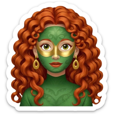 red haired very long curly haired woman with full face green clay mask  and big earrings  sticker