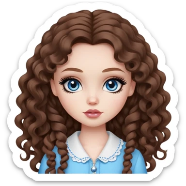 pretty bratz girl, long curls brown hair, blue eyes, black eyeliner, pale skin, girly style sticker