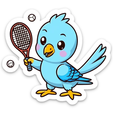 A blue and yellow parakeet playing tennis ￼ sticker