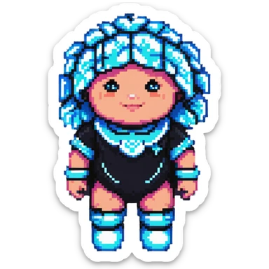 Cabbage Patch Kid as Tron character in 80's pixel art arcade style with vibrant neon colors sticker
