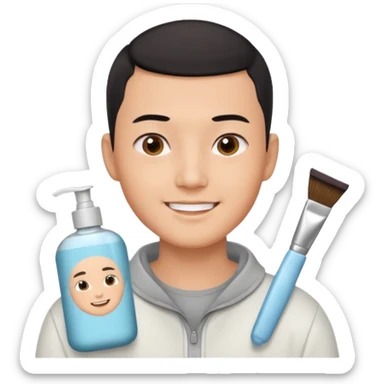 try different skincare products for chinese man with buzz cut (short black hair) doing skincare sticker