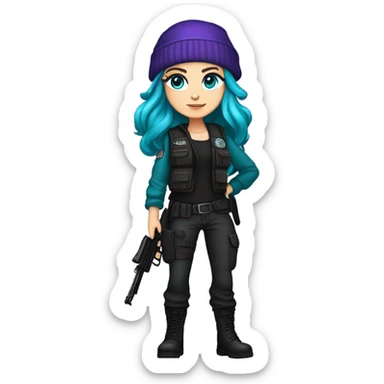 white girl, tactical vest, dark pants, teal hair, blue eyes, purple beanie hat, gun, black combat boots sticker