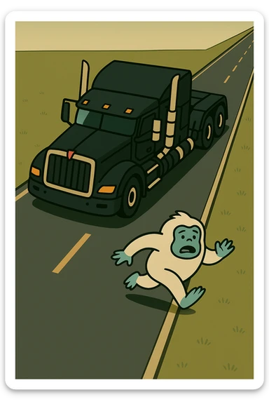 Place the tiny abominable snowman directly on a long road in front of the black 2026 Kenworth W680 flat top semi sleeper, top-down cartoon style, no text, make the road much longer. sticker