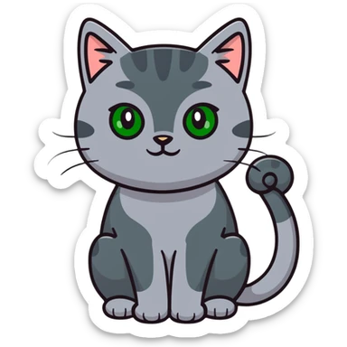 Elegant gray cat with smooth fur, large green eyes, serene expression, sitting facing camera sticker