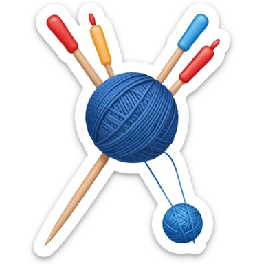 knitting needles with a ball of thread and a hand holding the knitting needles sticker