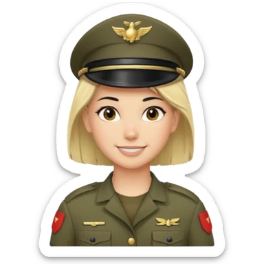 Apple-style emoji: female soldier, bust, no cap/helmet, friendly smile,black color blonde hair sticker