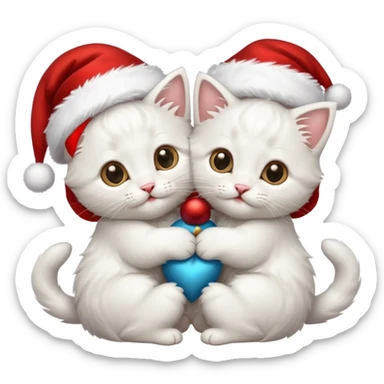 two hugging white happy fluffy  kittens with Santa hats sticker