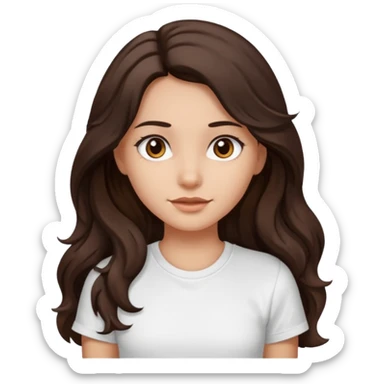 iOS style emoji. A girl with very long dark brown wavy hair. And the eyes color is dark brown. And she is wearing white t shirt  sticker