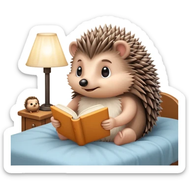 hedgehog reading in bed with retro light lamp next to it sticker
