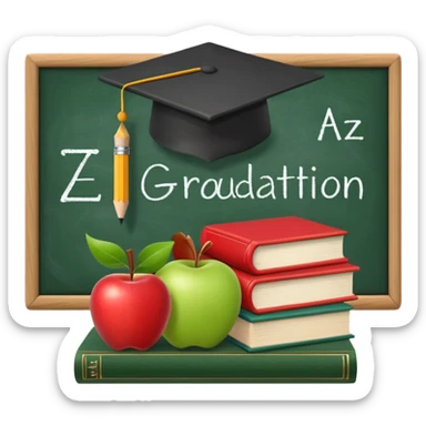 An icon featuring a chalkboard with educational equations, an apple, and a pencil, symbolizing pedagogy. The design includes a stack of books and a graduation cap, representing teaching and learning. Transparent background highlights the dedication to education and mentorship. sticker