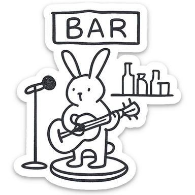 cute line drawing for coloring: a rabbit playing guitar in a bar, simple line style, no fill, for children to color sticker