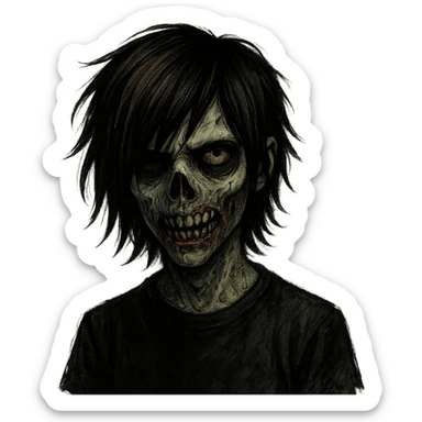 spooky zombie boy, emo style, medium-long hair with black and brown shades, sinister and creepy face sticker