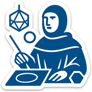 Create a modern flat design logo inspired by Luca Pacioli, using geometric forms and mathematical references, omitting the tool to his right. Use a blue palette, try a monogram or abstract icon approach. sticker