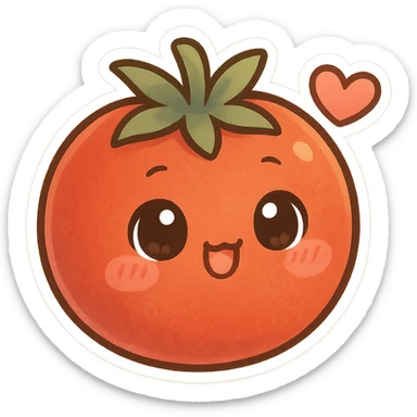 chibi sticker-style tomato with a heart accent, cute and exaggerated sticker