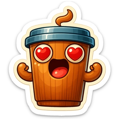 coffee cup creature, big heart eyes, dopey smile sticker