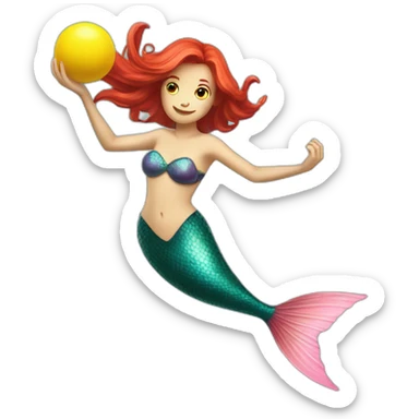 Underwater redhead mermaid swimming with fins, snorkel equipement, holding a small yellow ball, looking strong and fighting sticker