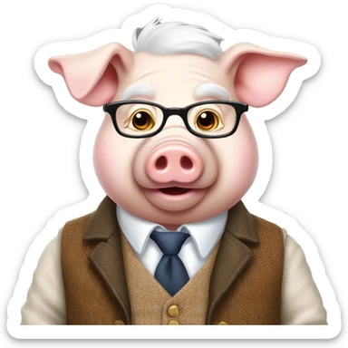 Elderly pig dressed in white shirt, vest and tweed jacket wearing glasses sticker