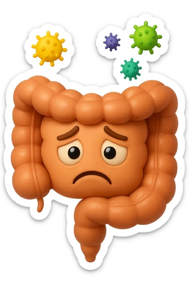 EMOJI STILE IPHONE 3D DI INTESTINO 3D CON ESPRESSIONE TRISTE  IN VOLTO MENTRE SOPRA LUI FLUTTUANO BATTERI, FAGLI ANCHE LA PARTE BIANCA DEGLI OCCHI, NON SOLO LA PUPILLA sticker