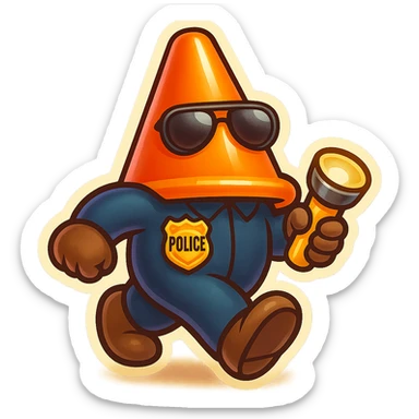 Create emoji-style variation of a pylon cone head character with a police badge, holding a flashlight, in a dynamic walking pose. Transparent background. sticker