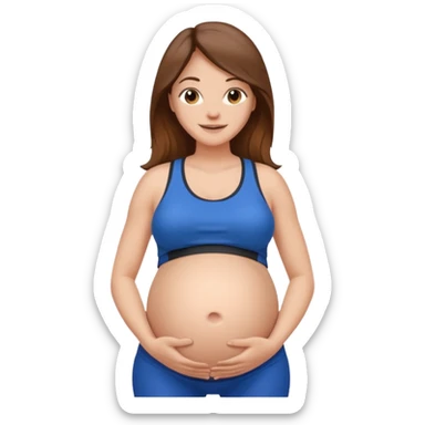 "Pregnant woman with visible belly skin, wearing sportswear, with long brown hair and fair skin."
 sticker
