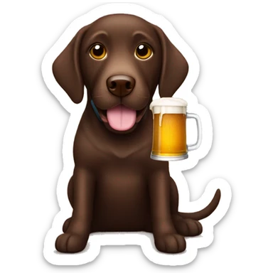 Chocolate lab holding a beer sticker