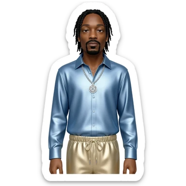 Snoop Dogg with long black hair, light blue metallic shirt, beige metallic harem pants, silver necklace sticker