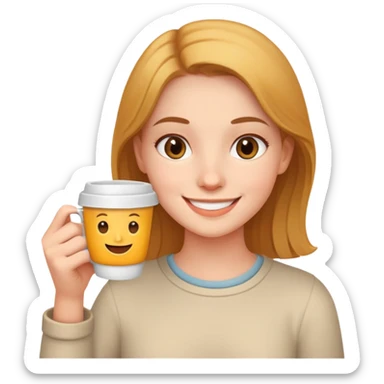 smiling girl indoors with cup sticker