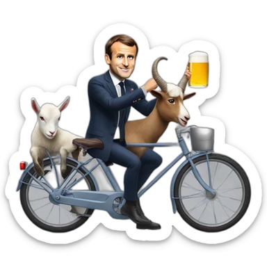 Emmanuel Macron drink a beer on a bike with a goat sticker