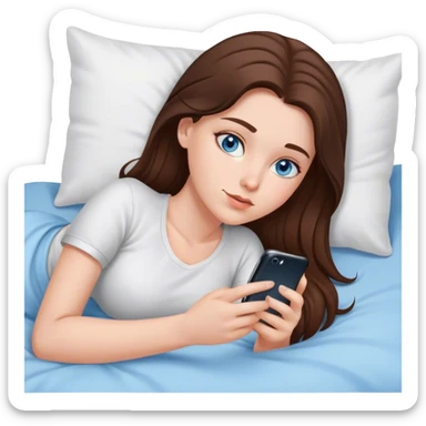 White girl brunett blue eyes, laying In bed on her stomach using her phone sticker