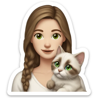 white woman with medium-length brown hair, green eyes and brown freckles on the face under the eyes, holding her sacre de birmanie kitten in her arms with much love, the baby cat has blue eyes, a lot of dark areas on ears and middle of the face. sticker