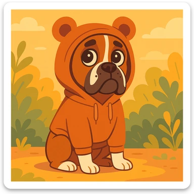perro bóxer sentado, mirada tierna, buzo con capucha de orejas de osito marrón, iluminación golden hour, entorno natural con follaje, pastel toon style sticker