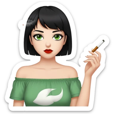 Someone smoking a joint with green eyes and red eye whites, with short black hair s little past the shoulders an has side bangs and a off shoulder nirvana shirt sticker