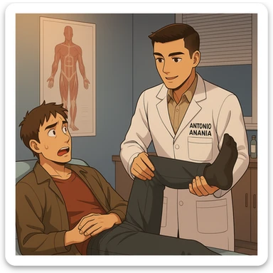 fai un webtoon manga a colori con questo stile, in cui un uomo è steso sul lettino medico e il kinesiologo con il camice bianco (fagli anche la scritta "ANTONIO ANANIA" SUL CAMICE, gli solleva una gamba per fargli il test neuromuscolare, IL KINESIOLOGO SPIEGA ALL'UOMO UNA cosa mentre gli alza la gamba. non fare i fumetti però, fai solo in modo che sembri stiano parlando sticker