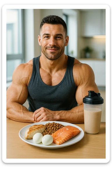 Uomo muscoloso, seduto a tavola con un piatto ricco di proteine: petto di pollo, uova, legumi, pesce e frullato proteico. Espressione soddisfatta e consapevole, in un ambiente luminoso, magari una cucina moderna o uno spogliatoio da palestra. Muscoli ben definiti, simbolo di cura e attenzione all’alimentazione. Atmosfera positiva, energetica sticker