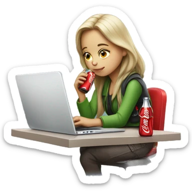 tired girl with laptop drinking coca-cola sticker