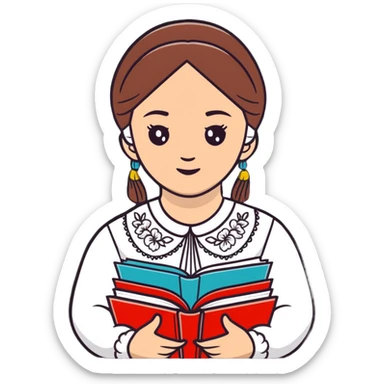 Young Ukrainian librarian wearing a traditional white embroidered vyshyvanka shirt with books sticker