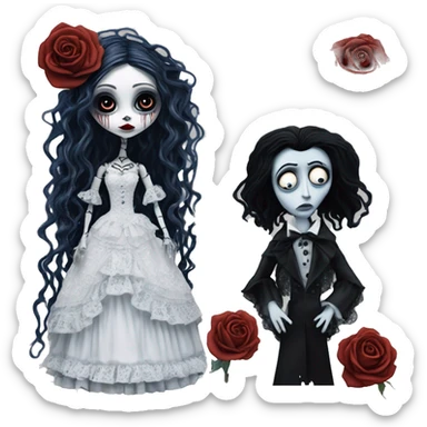 full height, tim burton "corpse bride", porcelain doll with a cracked face, goth makeup watery eyes, long hair, lace and ruffles dress, lolita style, inked, black and white, red roses sticker